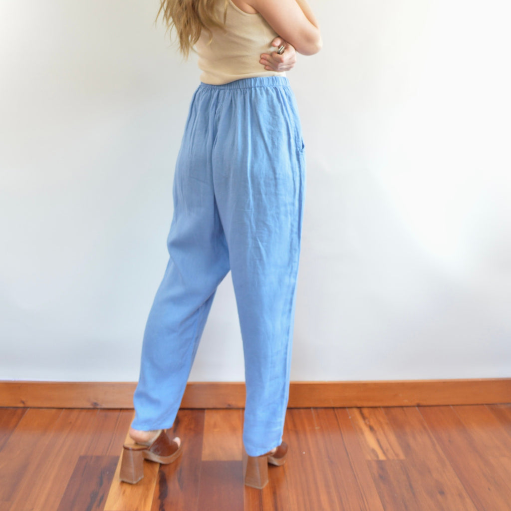 pure linen robin’s egg blue elastic tapered FLAX easy summer pants