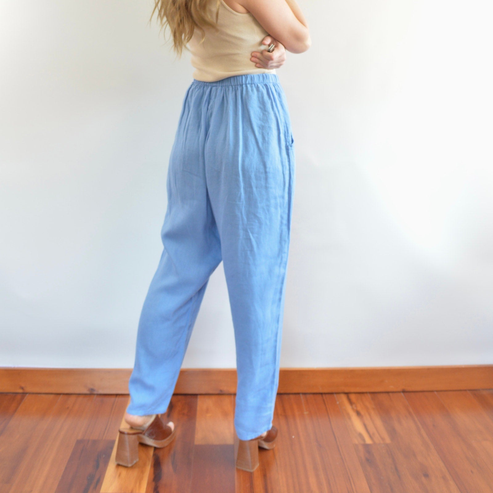 pure linen robin’s egg blue elastic tapered FLAX easy summer pants