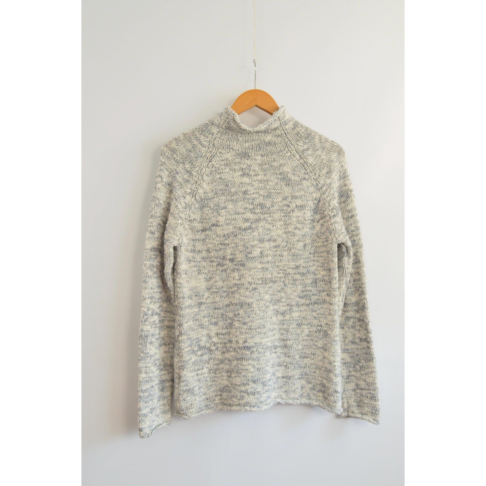pure cotton blue and white speckled mock neck ll bean sweater