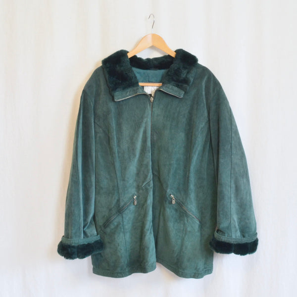 evergreen suede chore coat with sheepskin collar and cuffs
