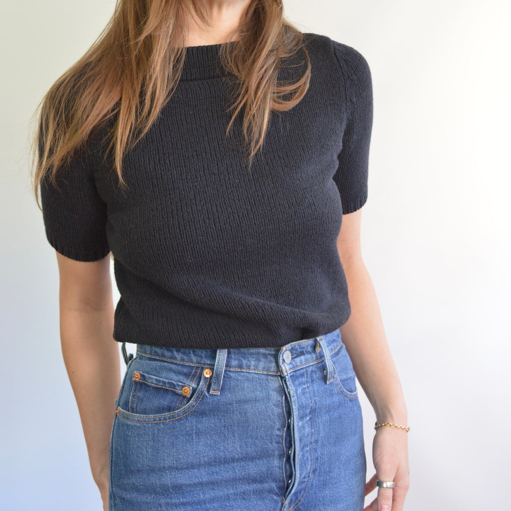 thick nubby knit black mock neck sweater tee