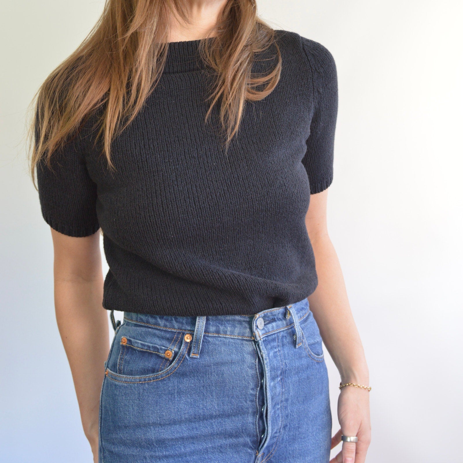 thick nubby knit black mock neck sweater tee