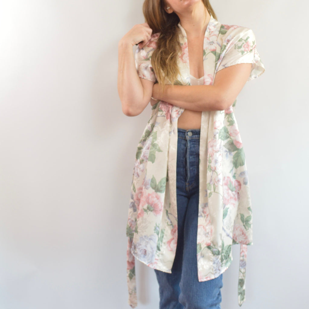 silky floral robe/ beach cover up