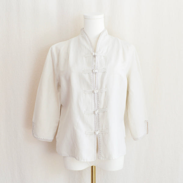 cream silk and linen blouse with crochet trim