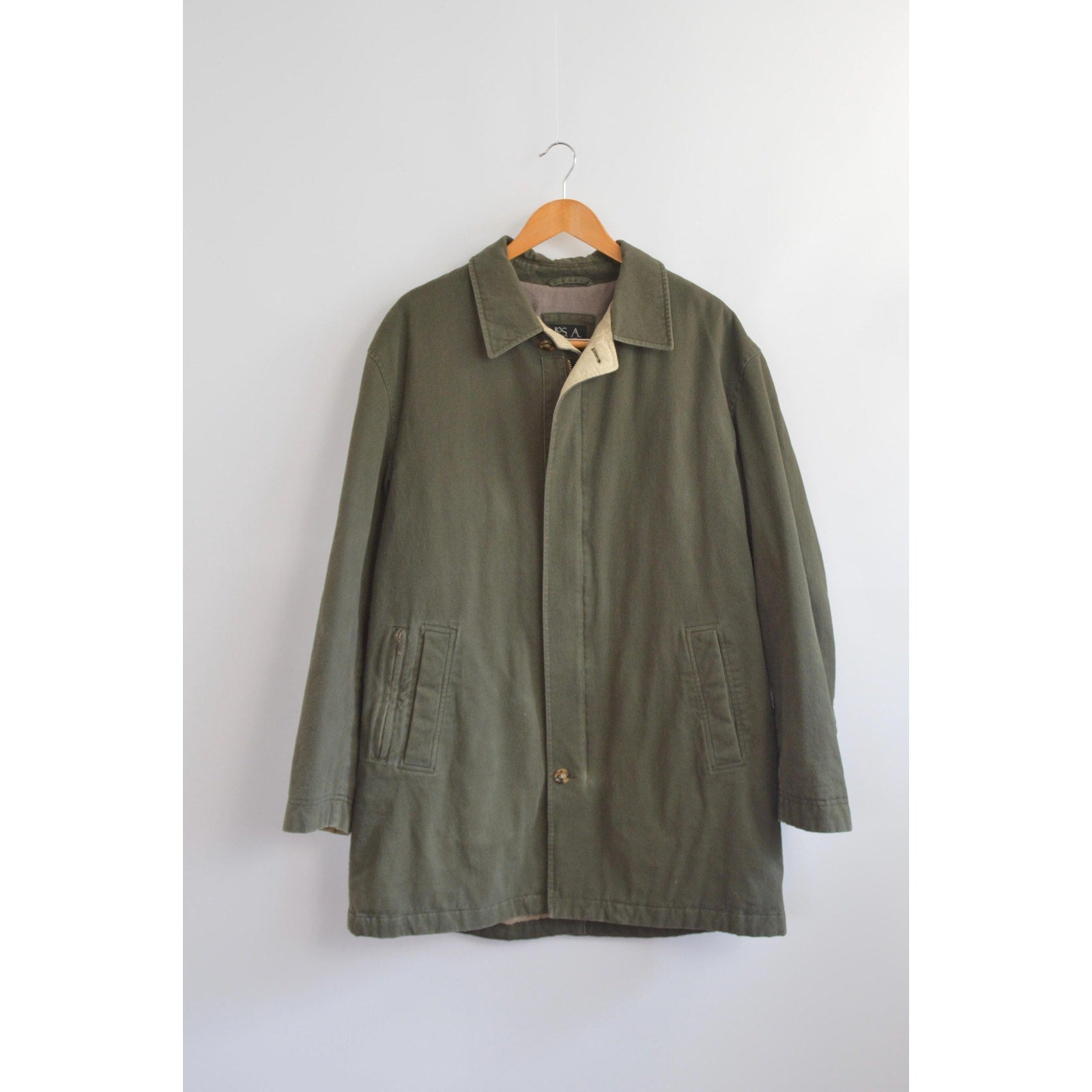 quilted olive green cotton mid length chore coat