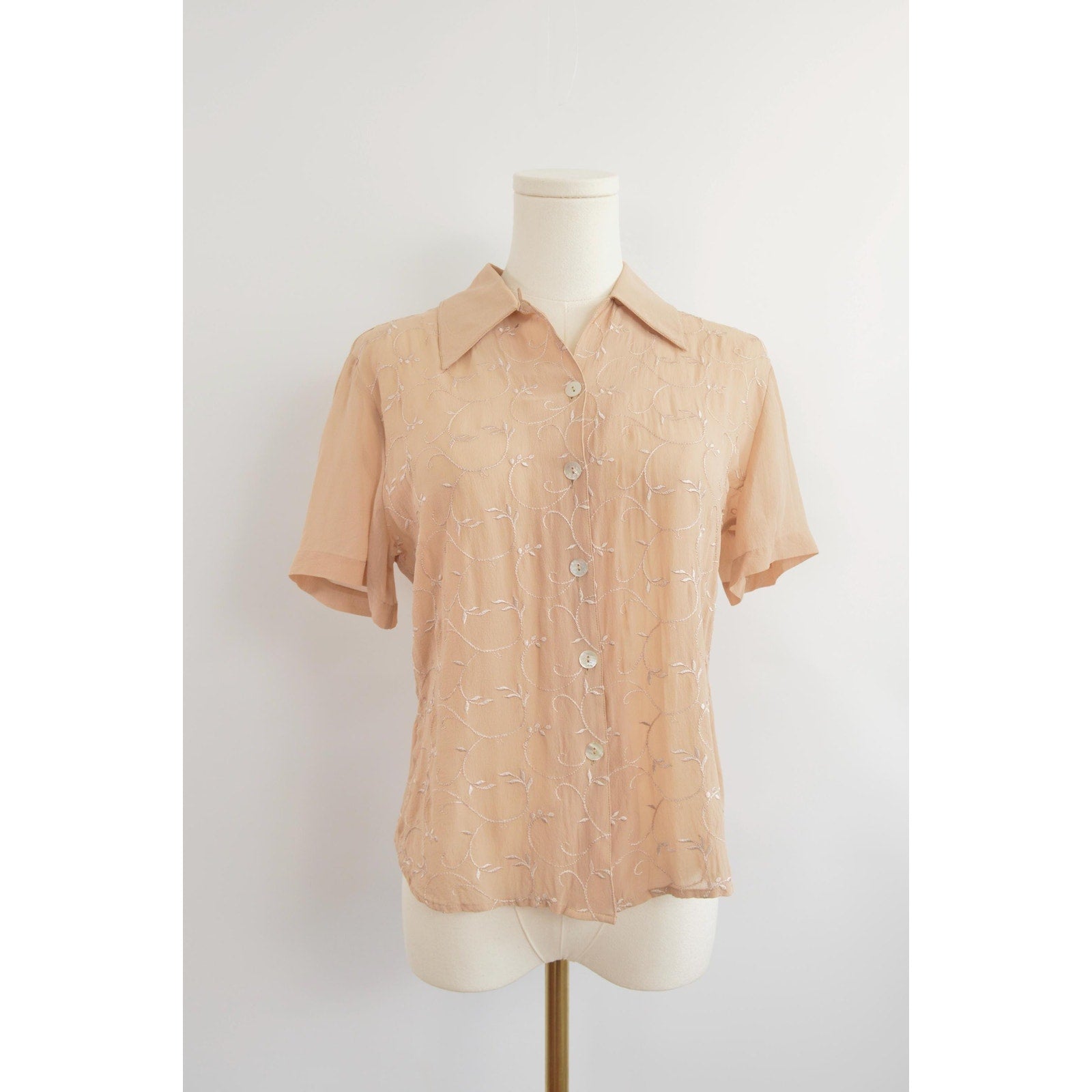 dusty rose beige embroidered silk button down blouse