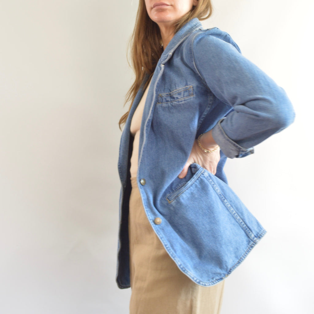100% cotton vintage mid wash denim blazer jacket