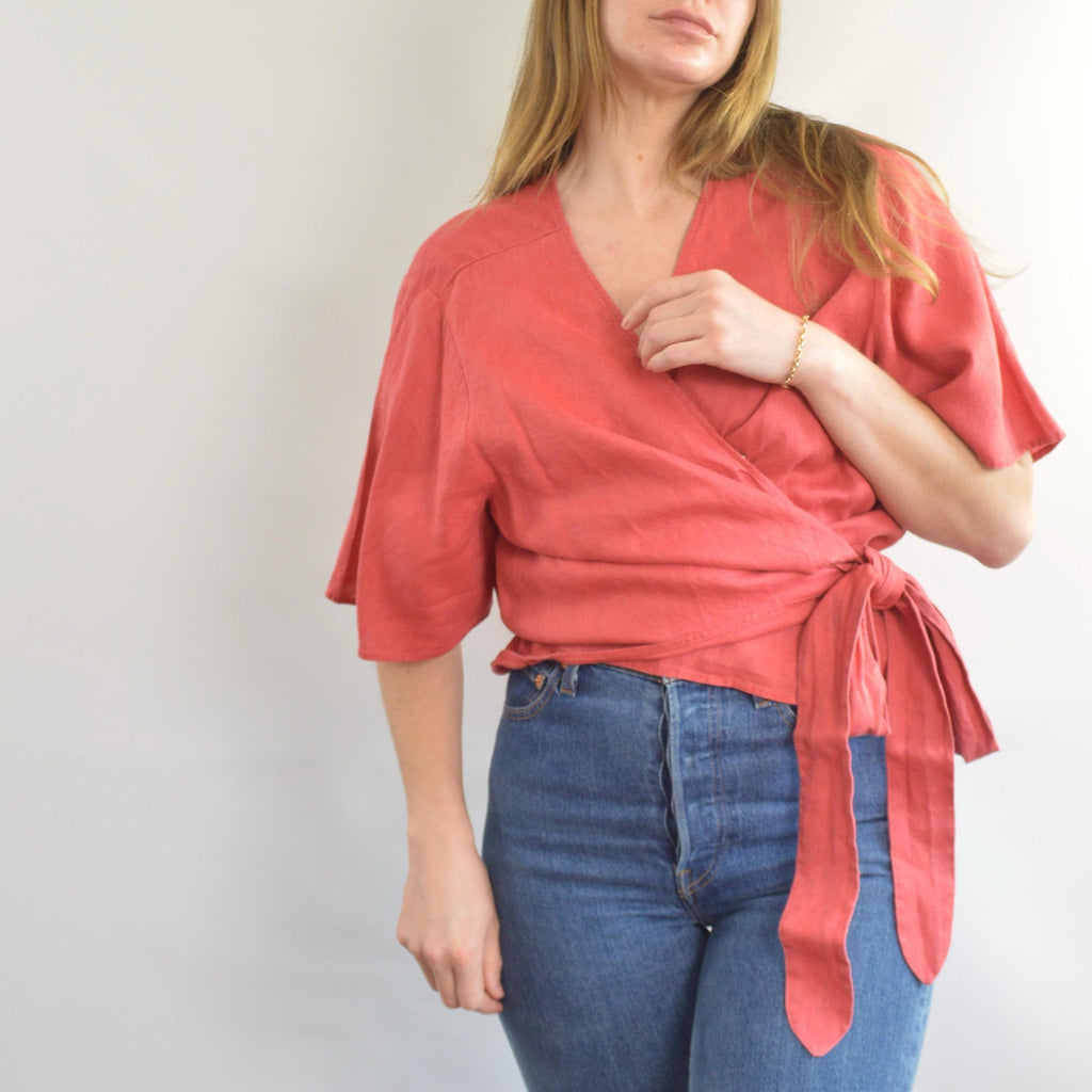 red 100% linen wrap top