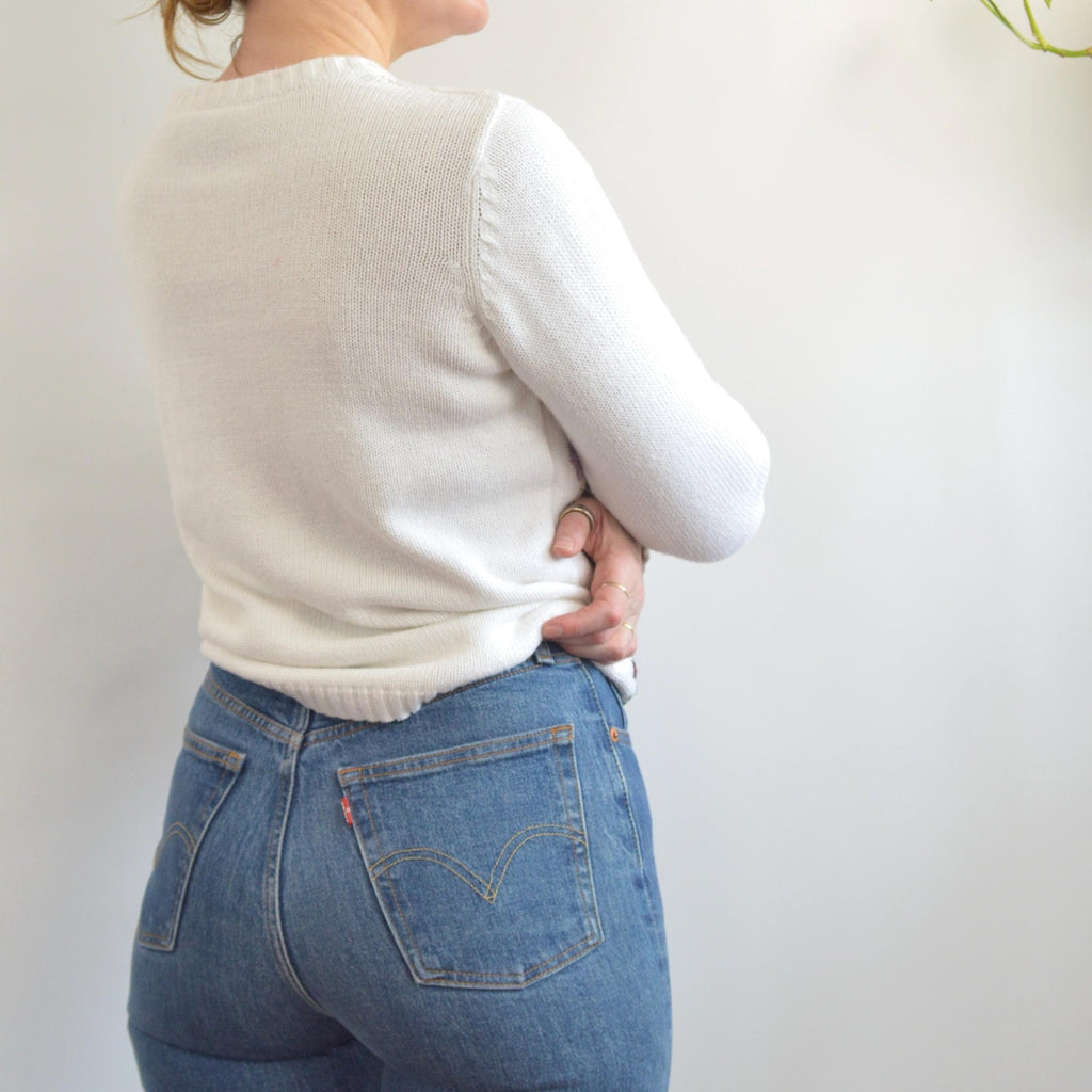sweet white cropped floral embroidery cable knit crew neck sweater