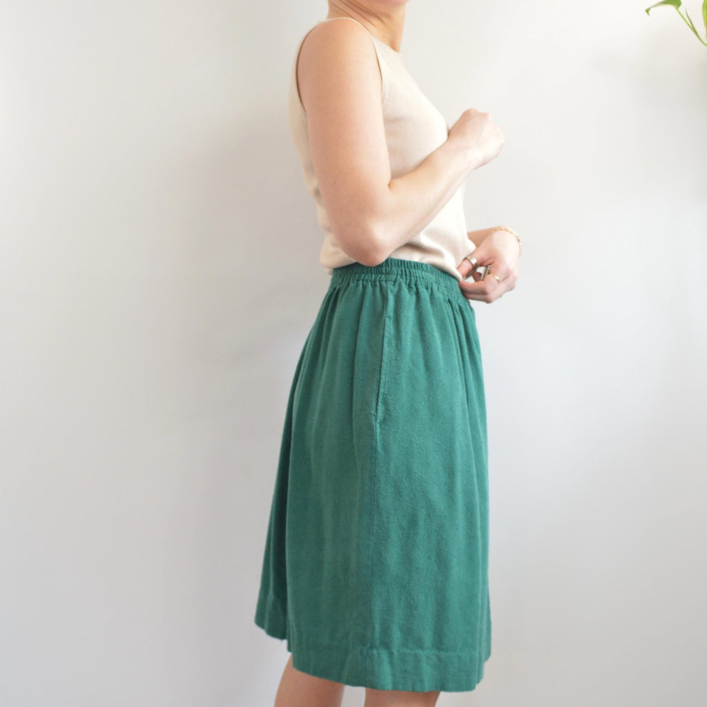 pure silk green elastic waist midi skirt with pockets