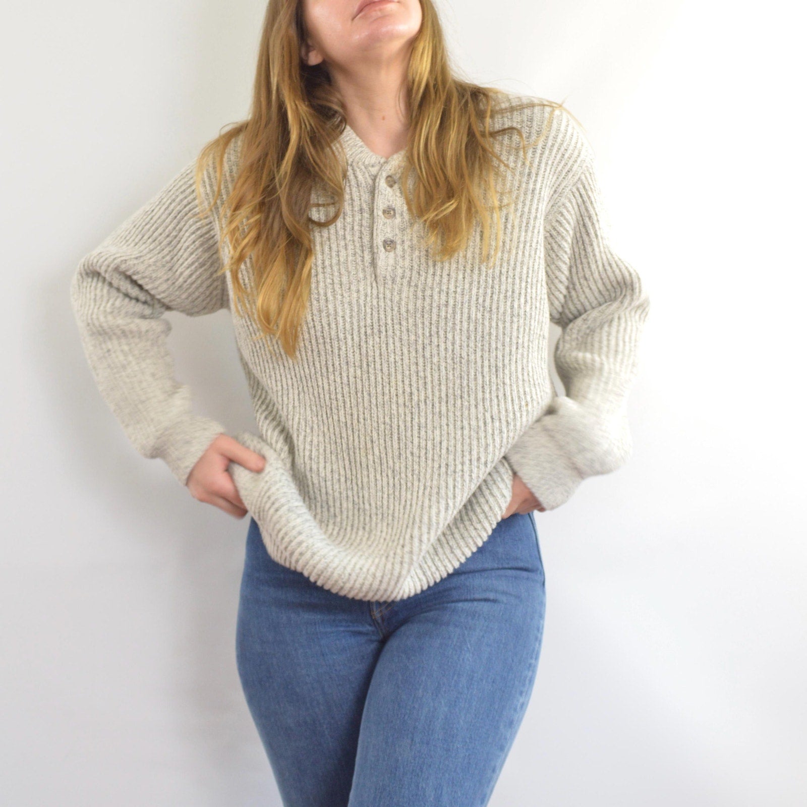 blue and white marled knit cotton quarter button vintage ll bean sweater