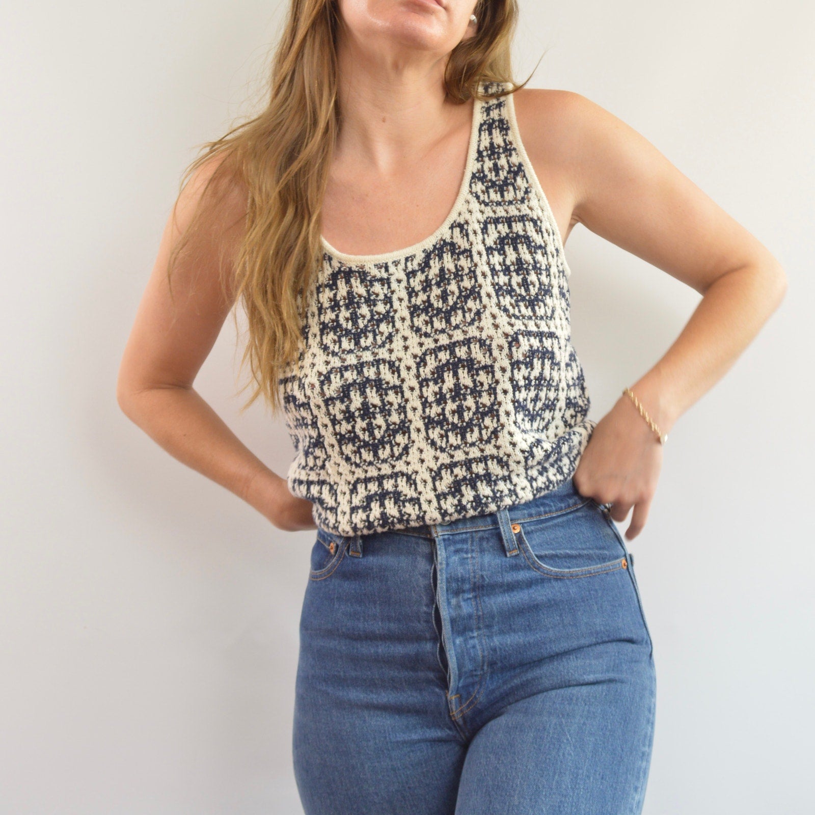 navy and cream abstract open knit cotton blend tank top sweater