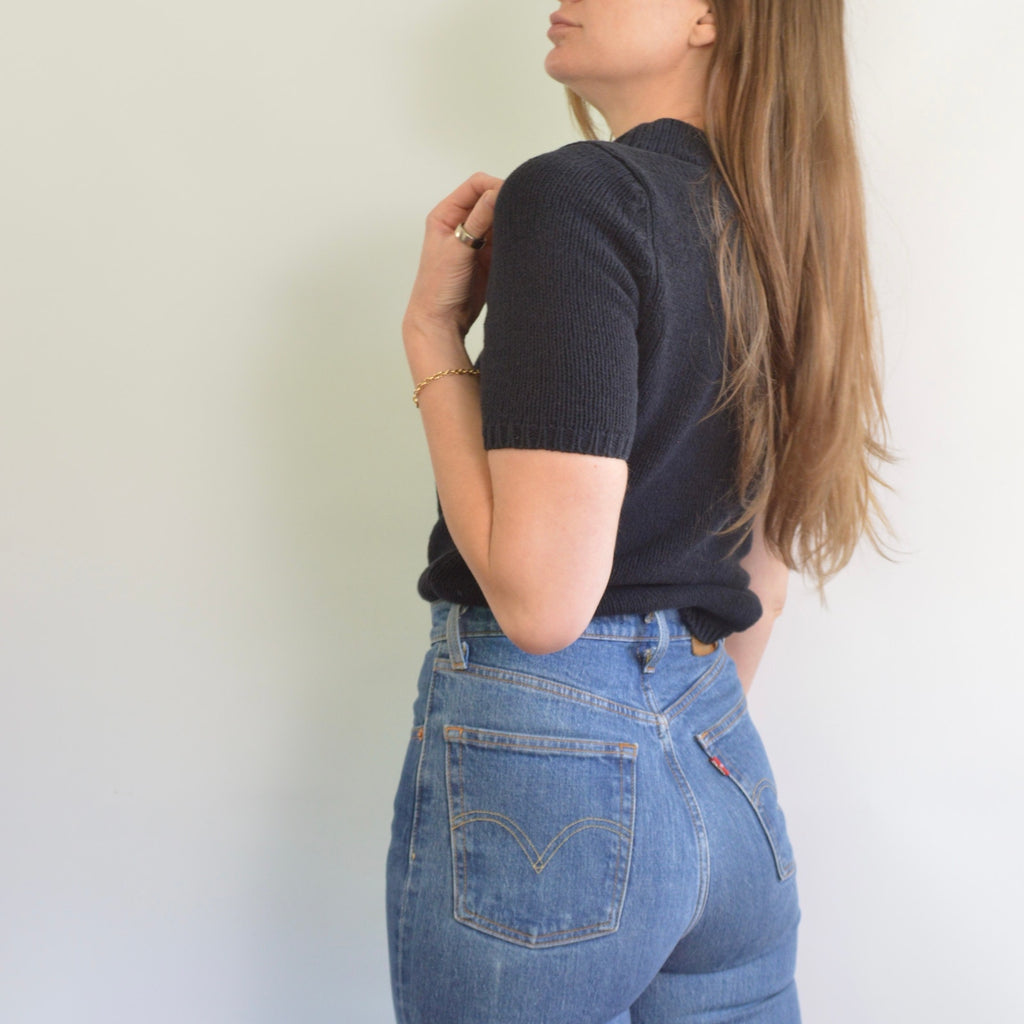 thick nubby knit black mock neck sweater tee