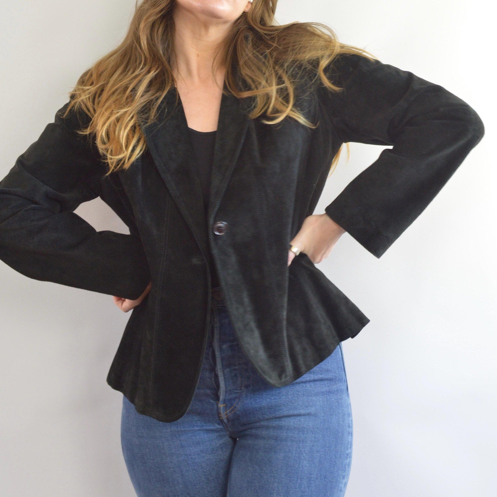 pure suede leather black slightly cropped single button jacket