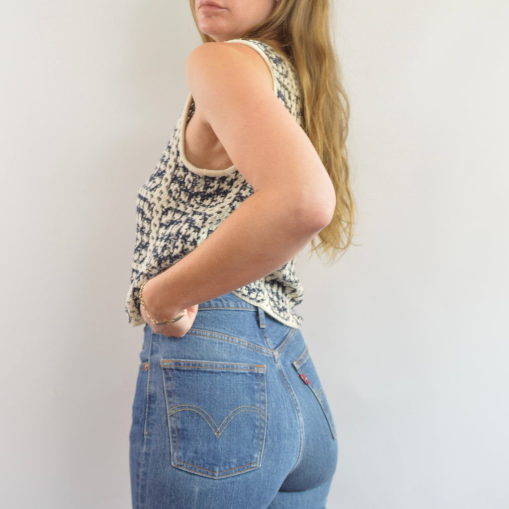 navy and cream abstract open knit cotton blend tank top sweater
