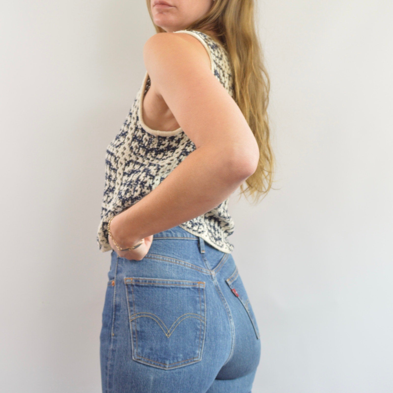 navy and cream abstract open knit cotton blend tank top sweater