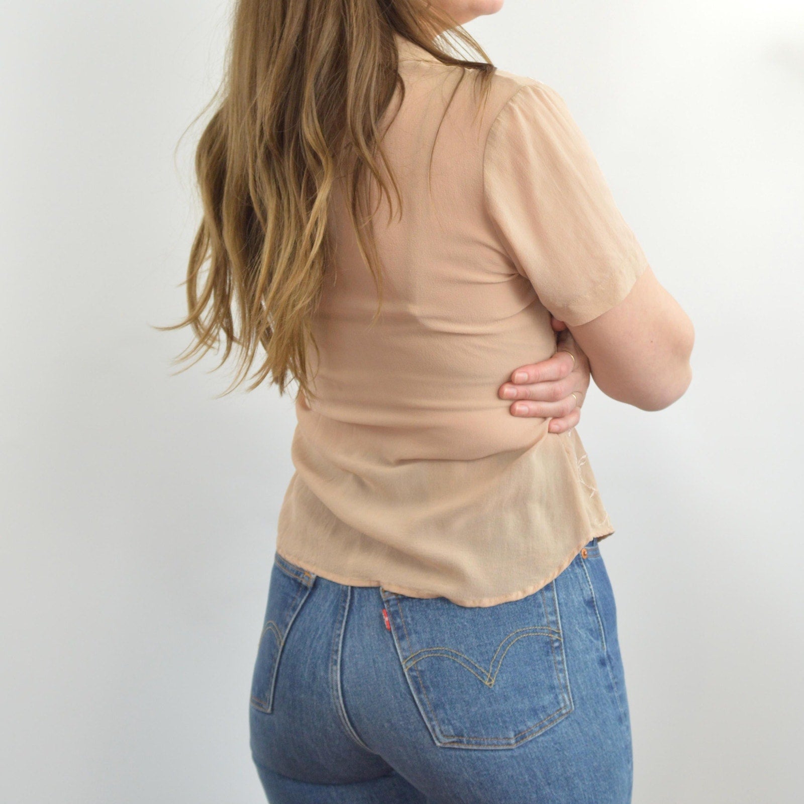 dusty rose beige embroidered silk button down blouse