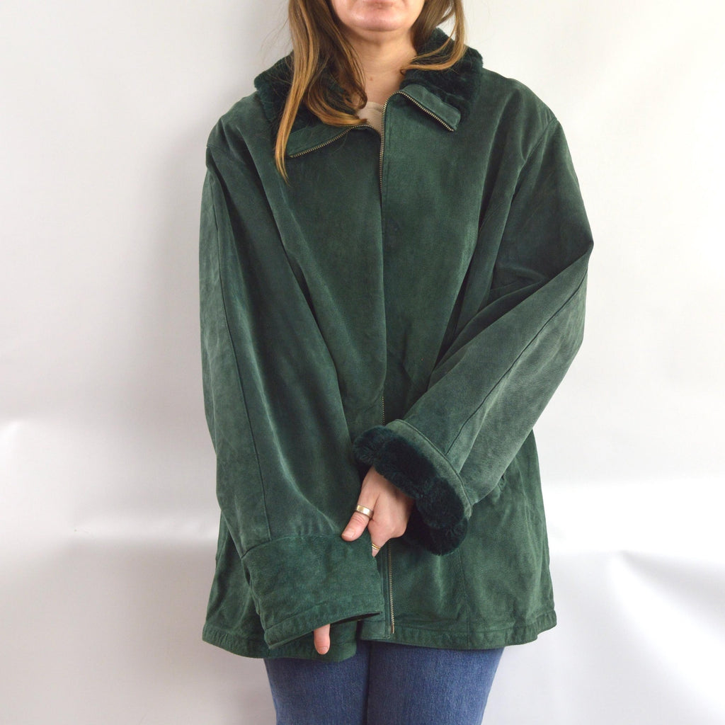 evergreen suede chore coat with sheepskin collar and cuffs