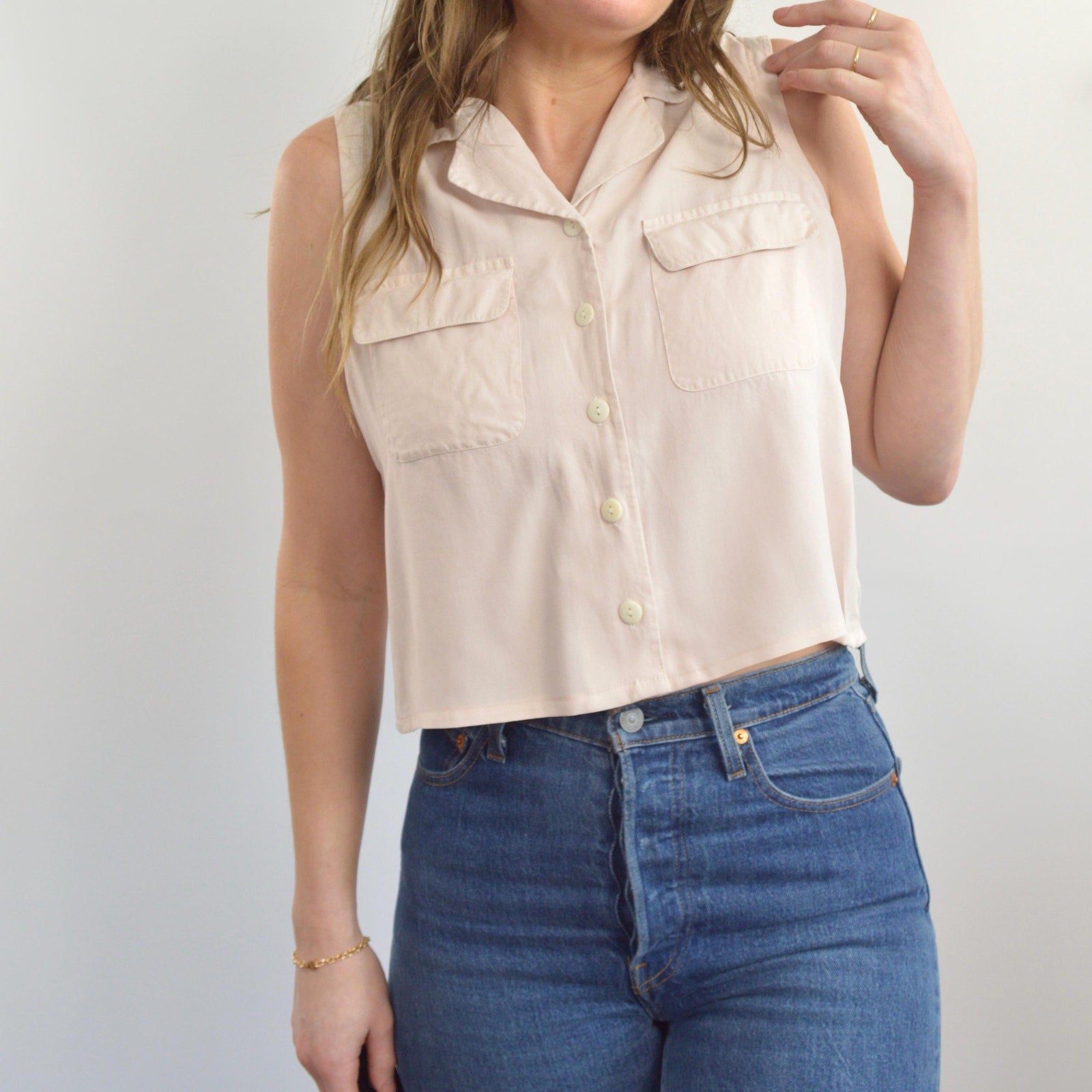 subtle light pink cropped button down 100% silk top