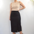 medium black wool midi skirt with off center front slit and full lining