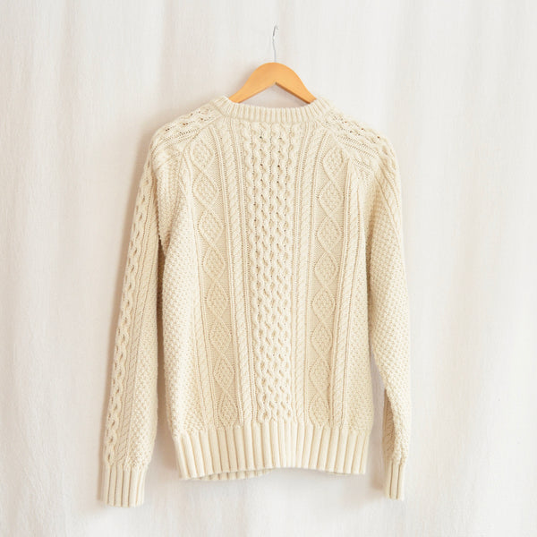 cream cotton ll bean cable knit crew neck sweater