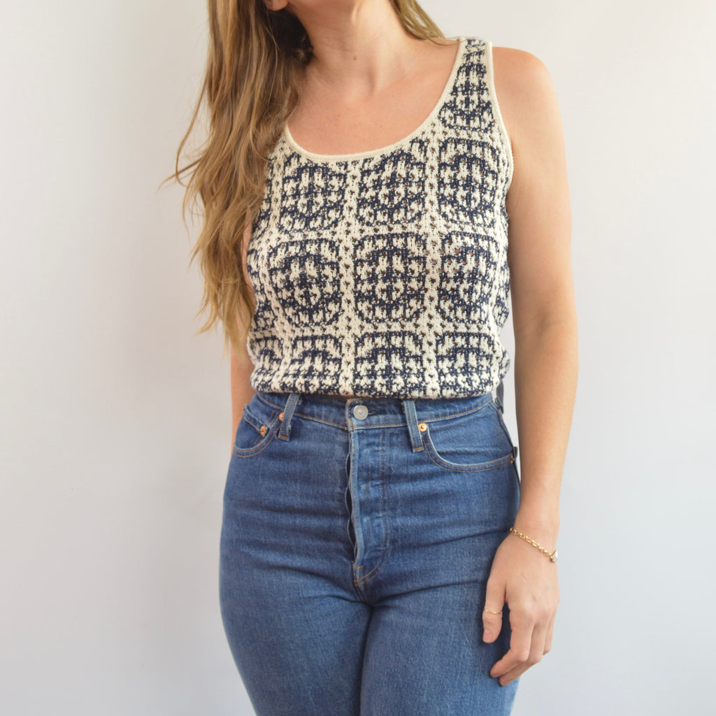 navy and cream abstract open knit cotton blend tank top sweater