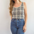 navy and cream abstract open knit cotton blend tank top sweater