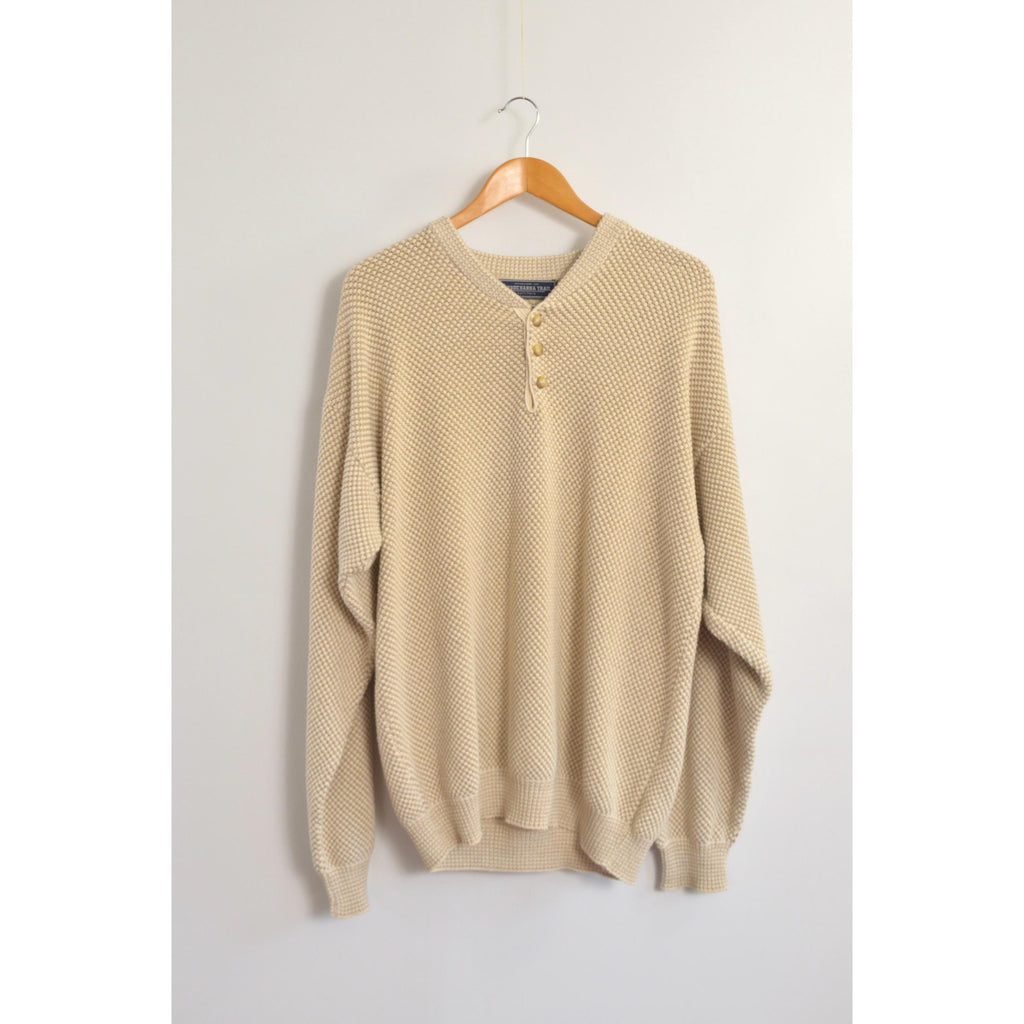 classic susquehanna trail beige and cream bubble knit quarter button cotton sweater
