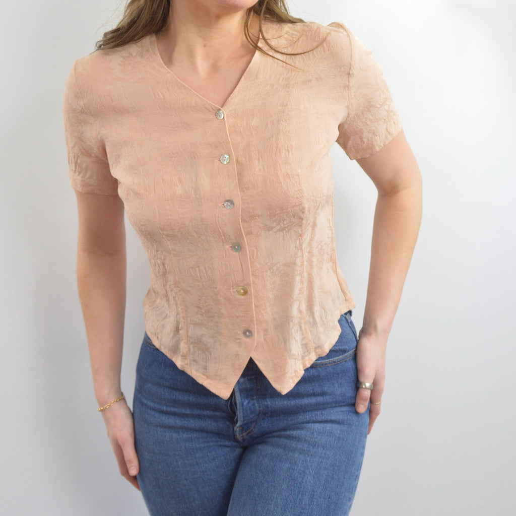 soft dusty rose embossed silk button down blouse