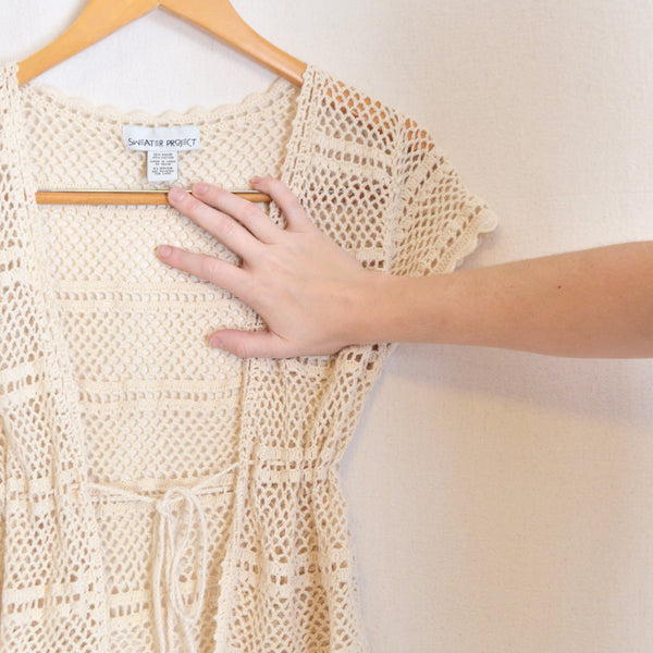 sheer cream cotton blend tie waist sweater top