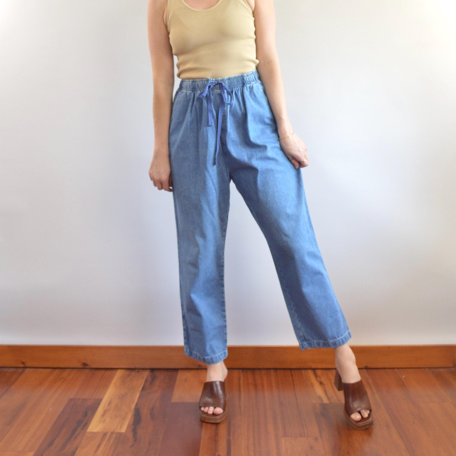 31 x 26 medium to light wash straight leg drawstring vintage cabin creek easy jeans