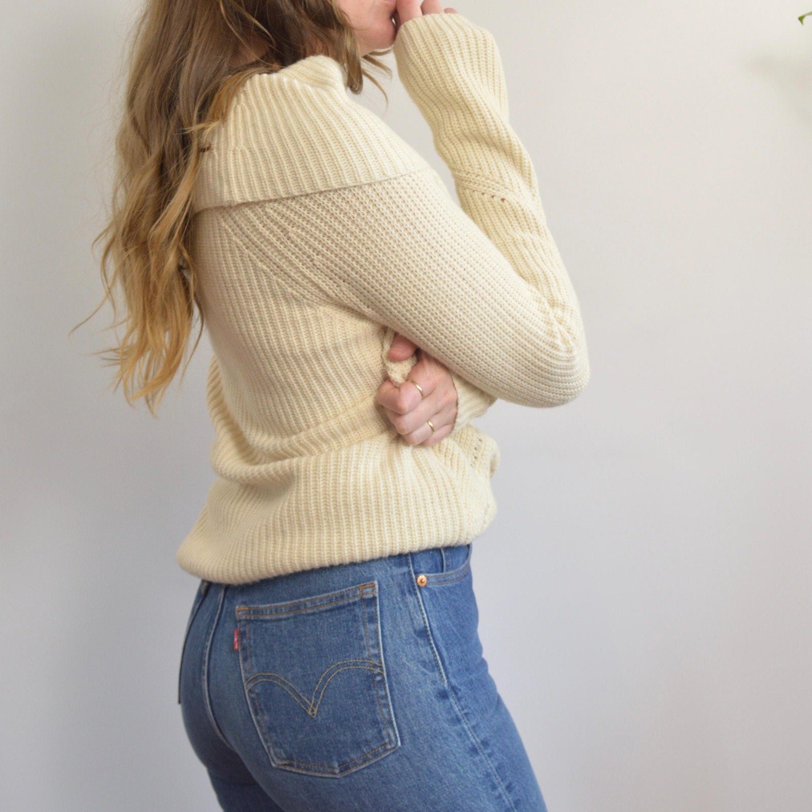oversized cowl neck crochet ivory sweater