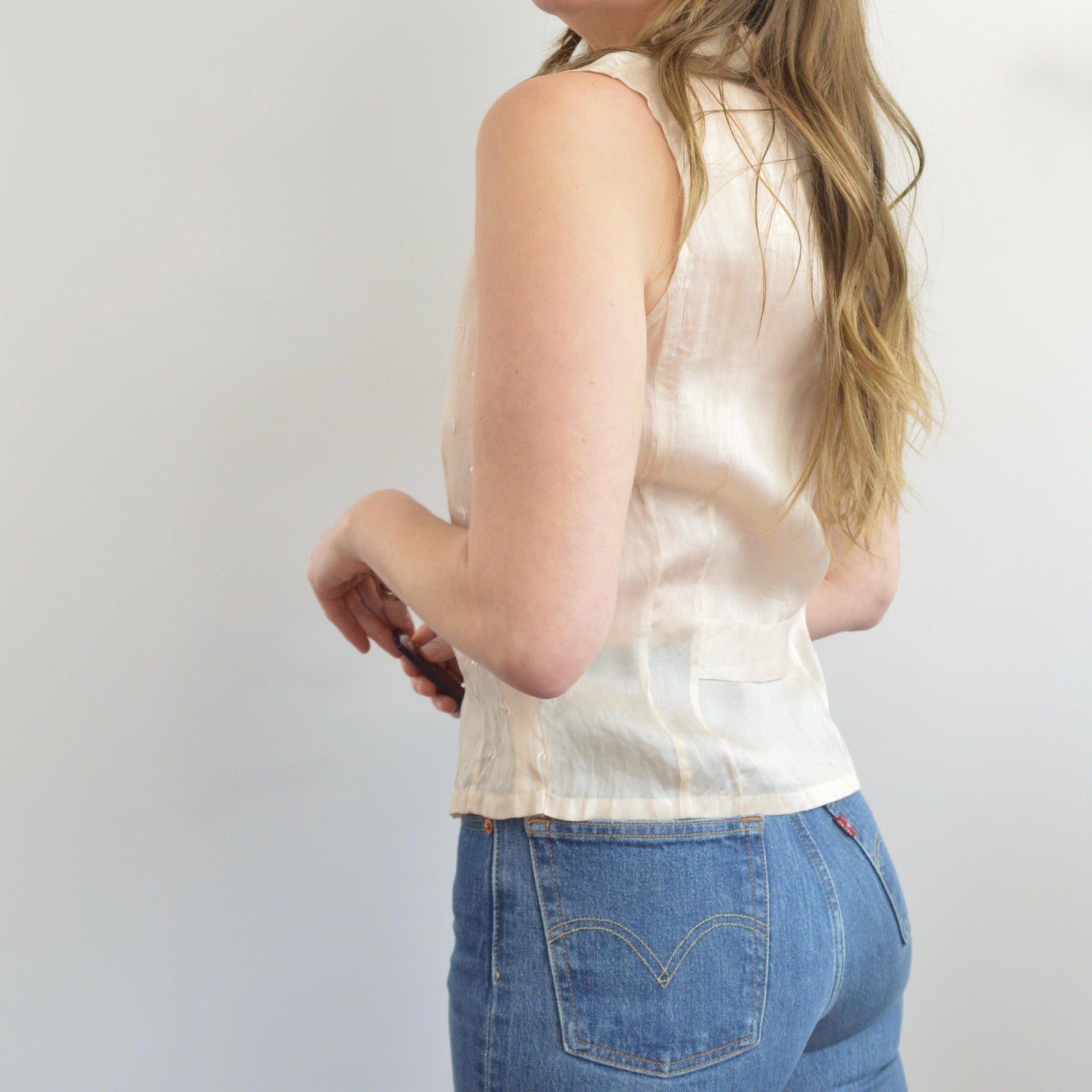 light pink pure silk botanical embroidered button down tank