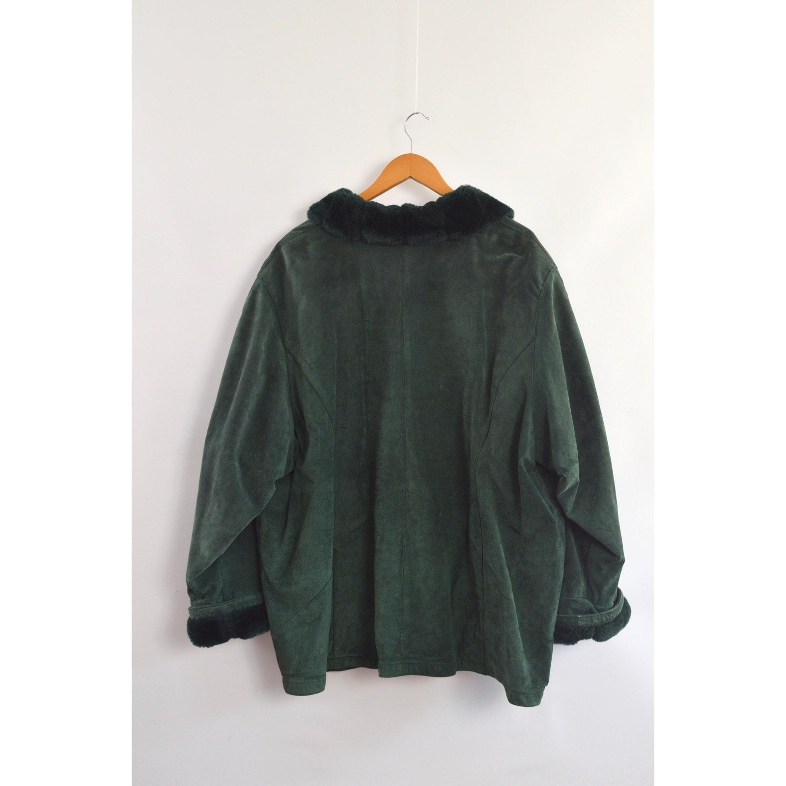 evergreen suede chore coat with sheepskin collar and cuffs