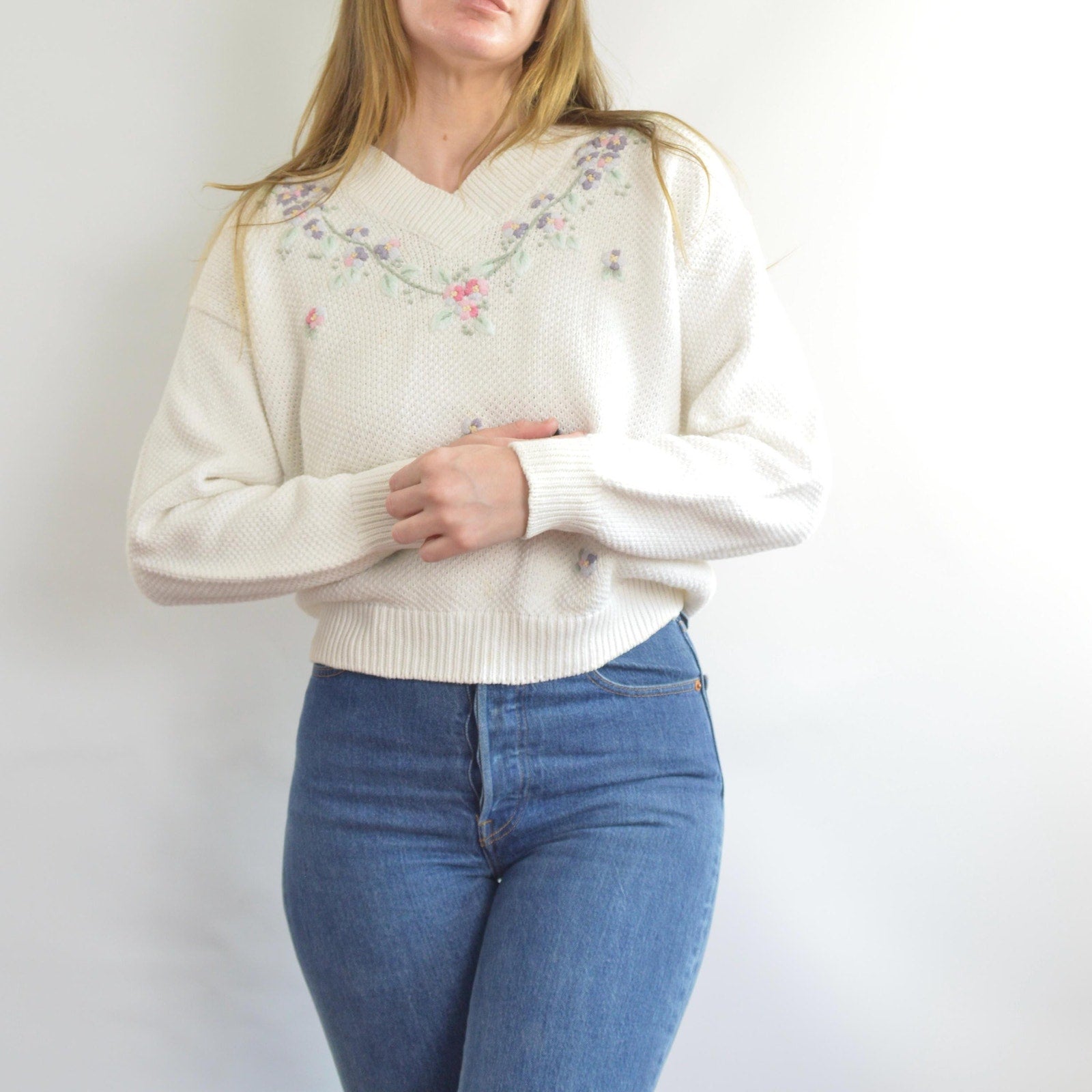 white cropped floral embroidered cotton blend sweater