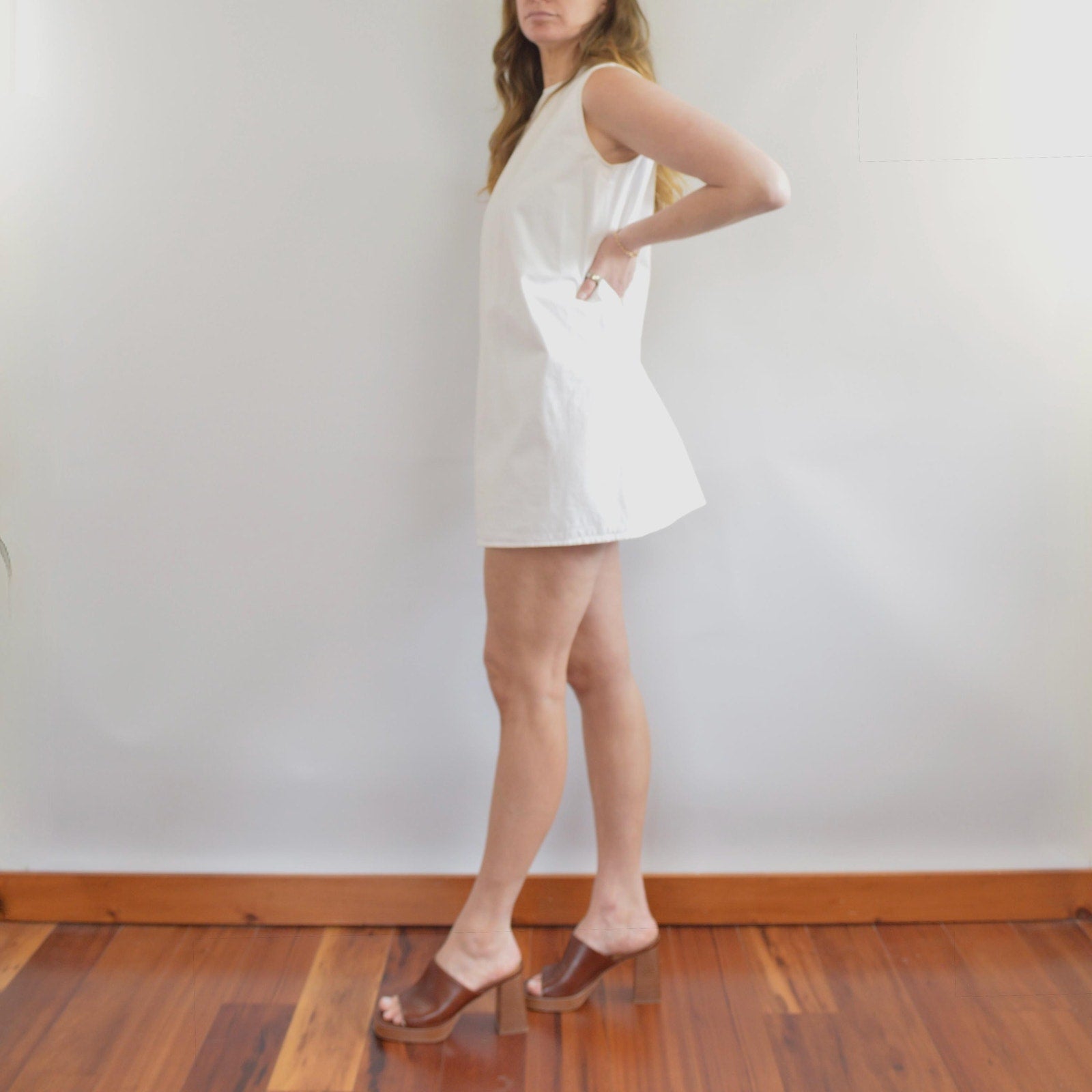 thick structured white denim mini dress