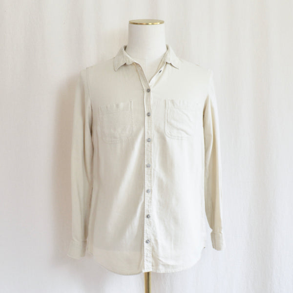 simple beige linen button down shirt
