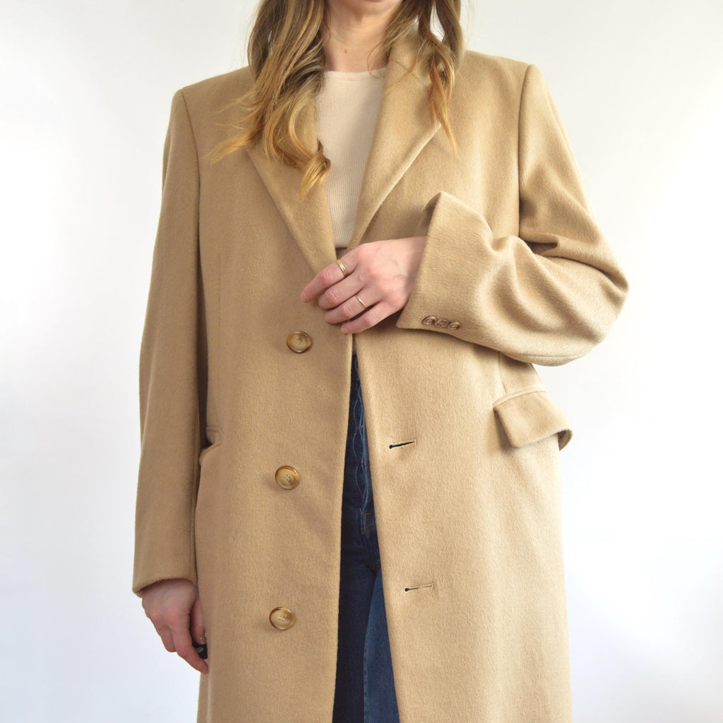 lux camel tan long wool/cashmere blend overcoat