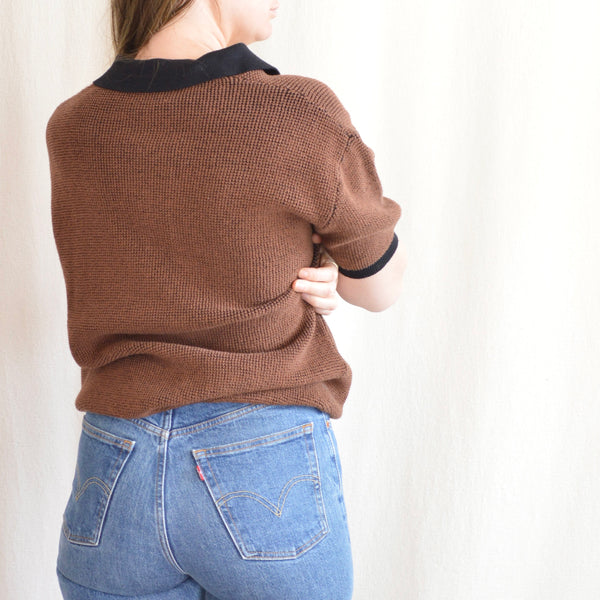 brown and black quarter zip knit sweater tee