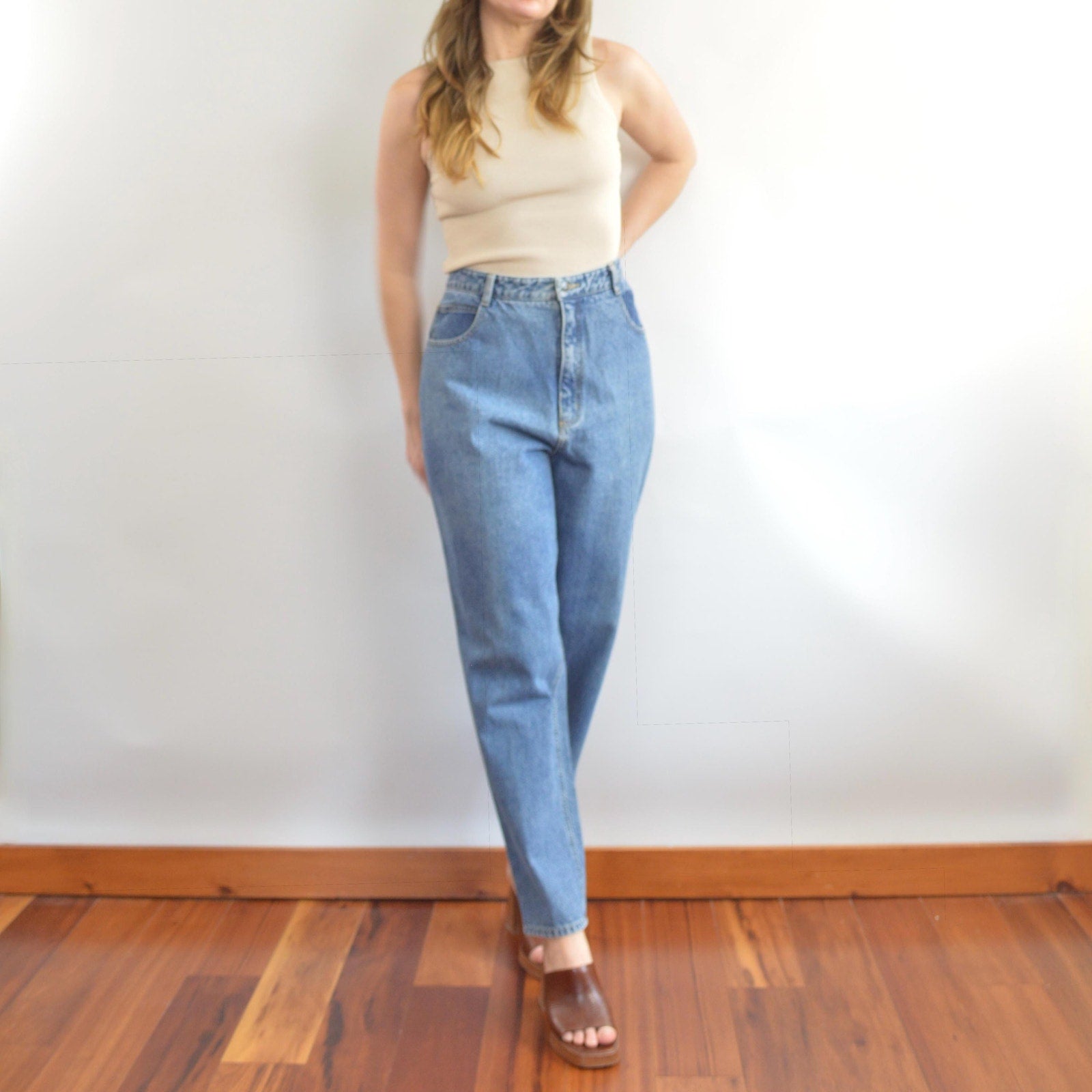 35 x 30 mid wash high rise tapered jeans