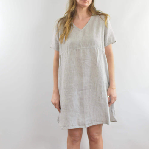 100% linen blue and white striped flax mini tee dress with pockets