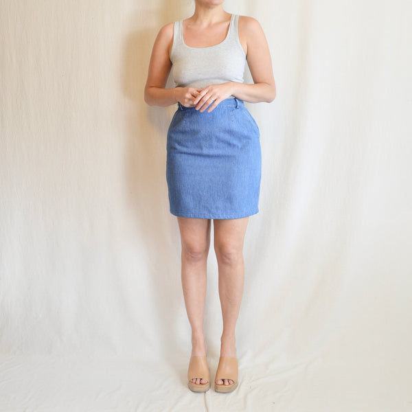 28” denim knee length skirt with side pockets