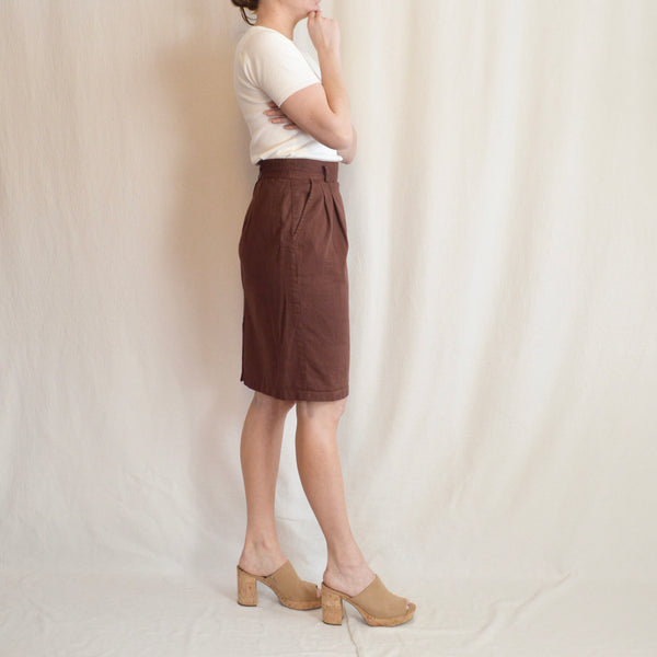warm russet brown knee length cotton high waisted skirt