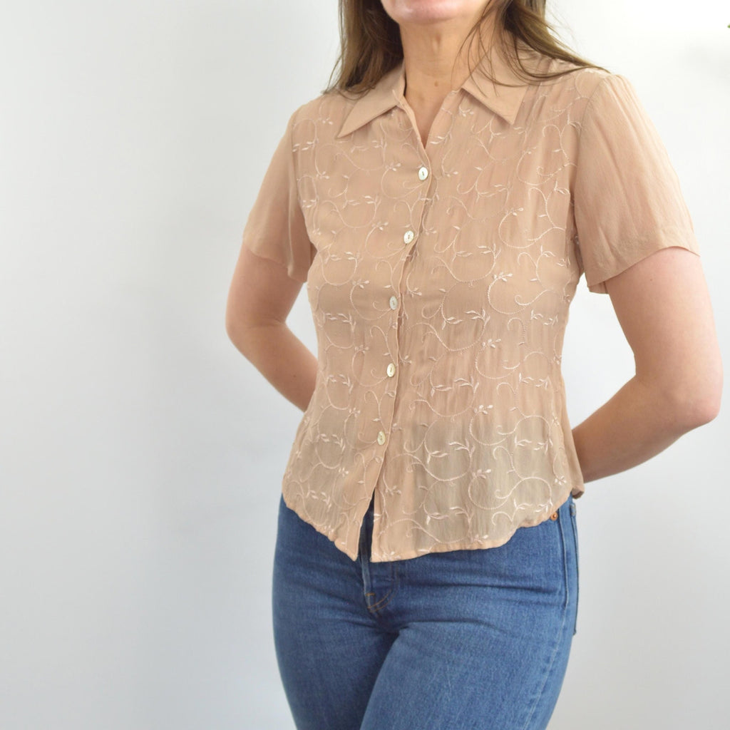 dusty rose beige embroidered silk button down blouse