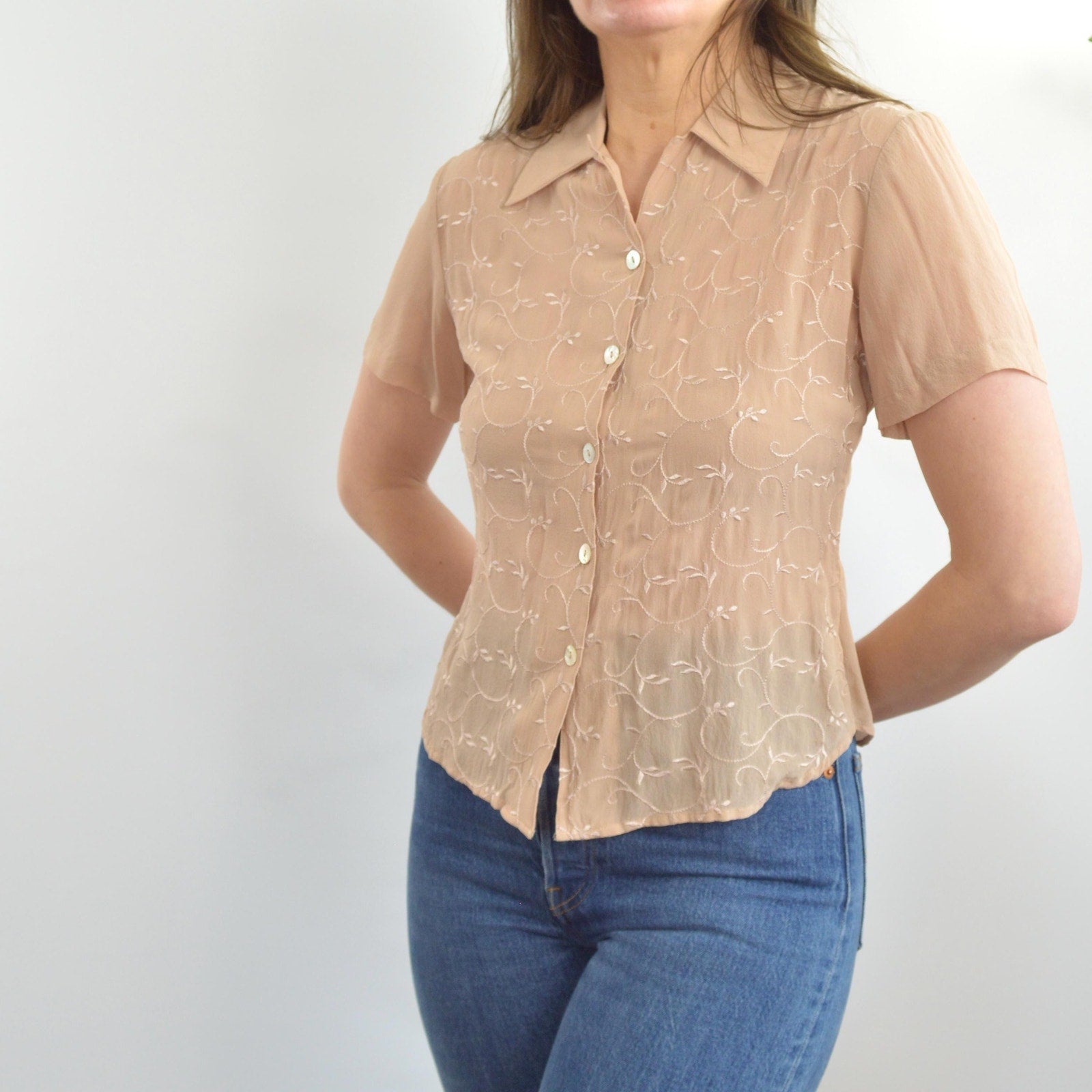 dusty rose beige embroidered silk button down blouse