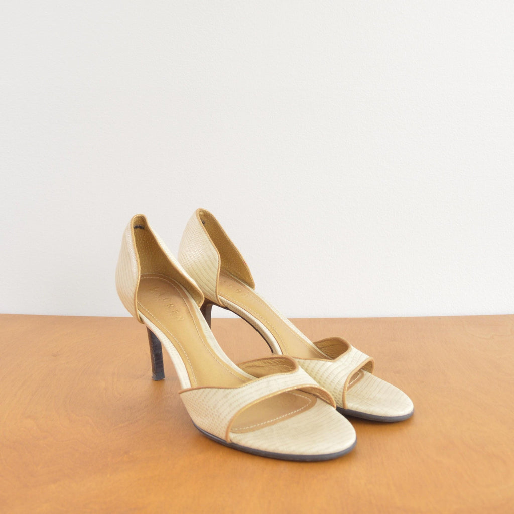 gold trimmed off white crock open toe vintage ralph lauren pumps