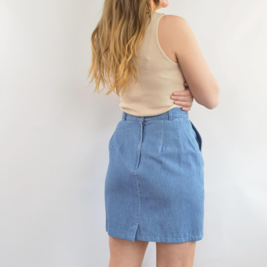 lightweight mid wash denim mini skirt