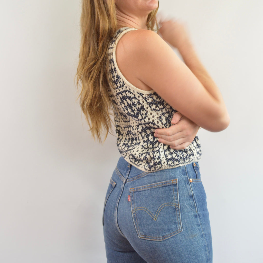 navy and cream abstract open knit cotton blend tank top sweater