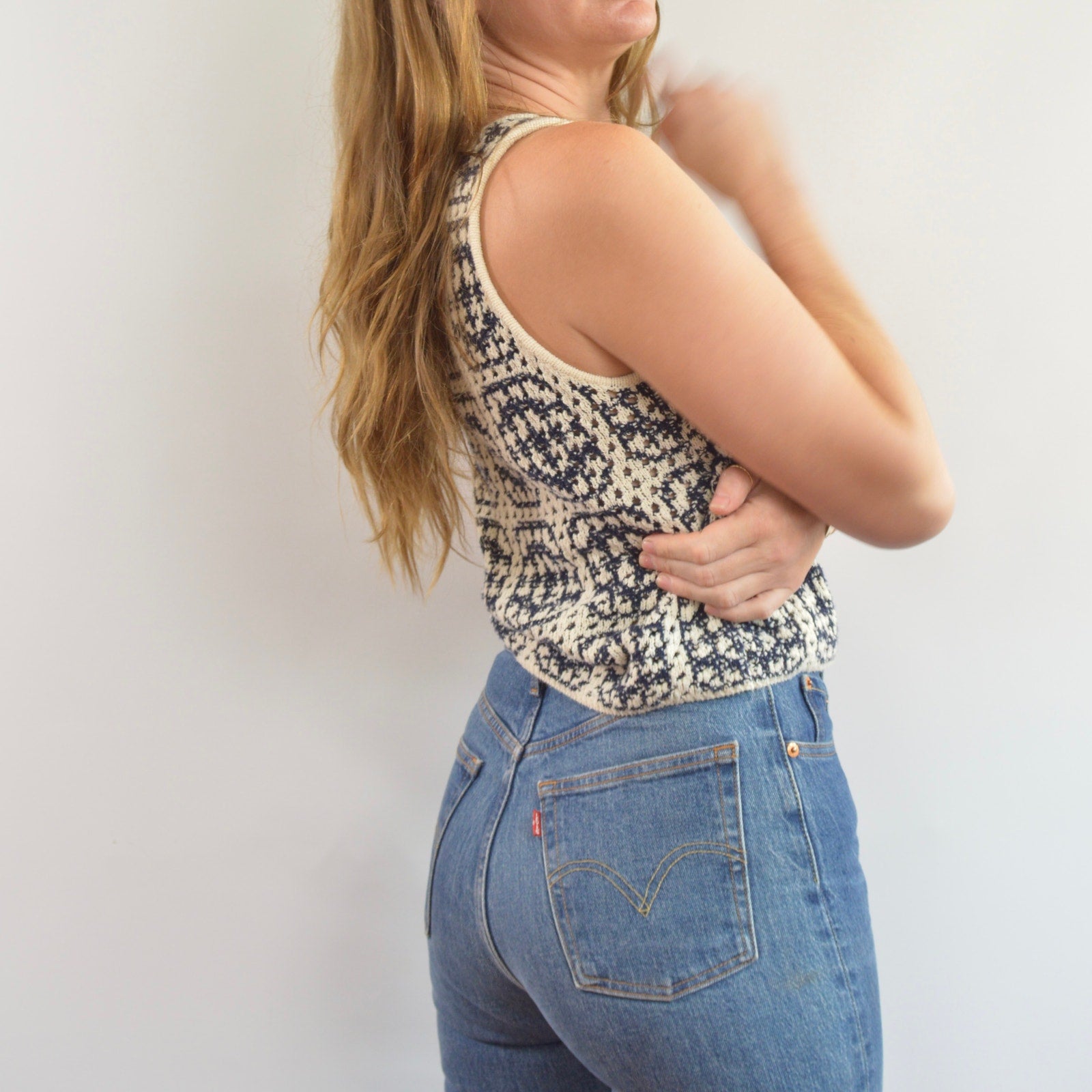 navy and cream abstract open knit cotton blend tank top sweater