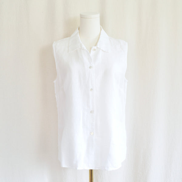 white linen button down sleeveless top
